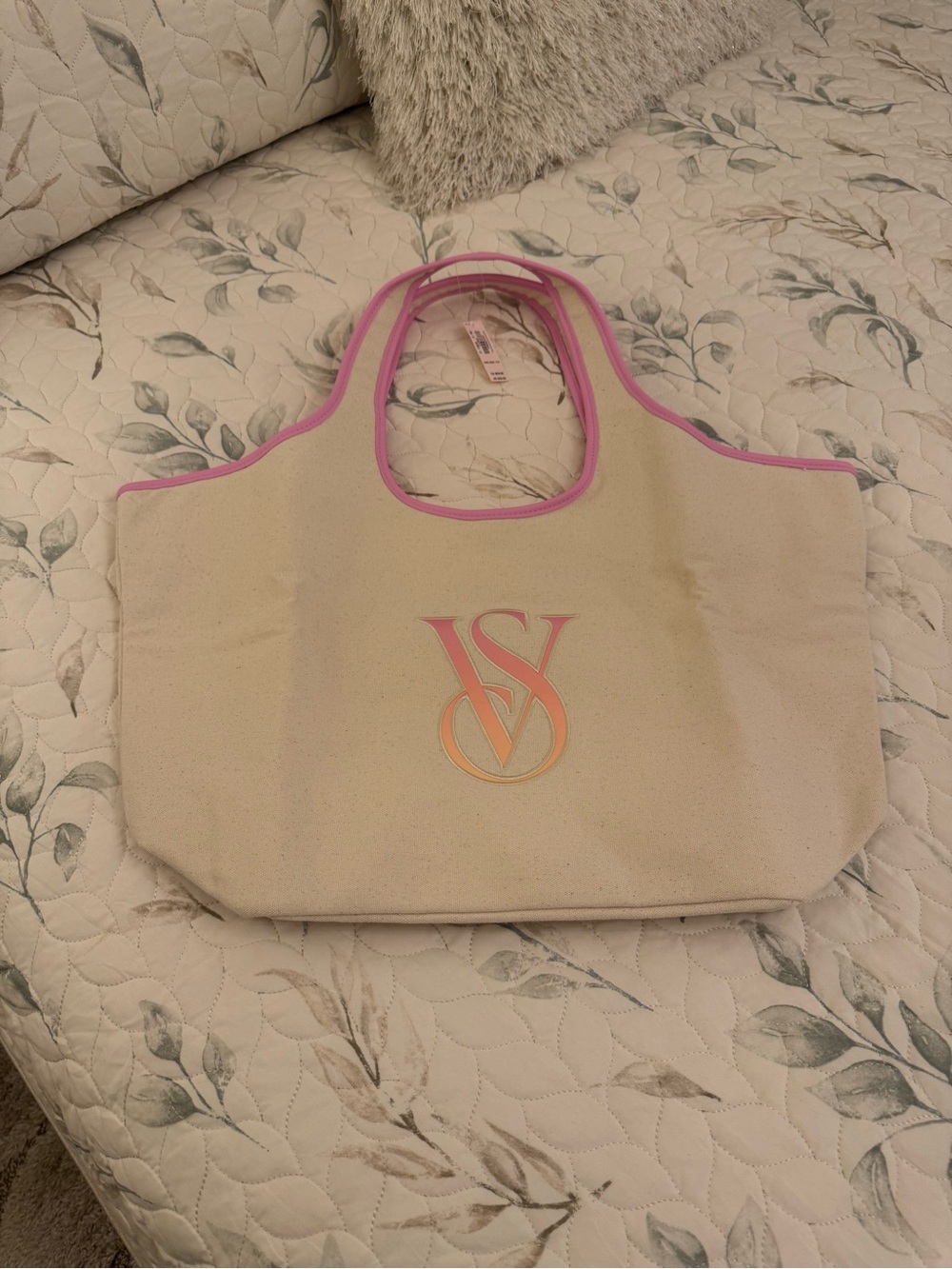 Victoria's Secret Cream Canvas Tote with Pink Trim and Gradient VS Monogram
